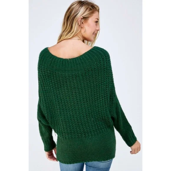 Hunter Green Soft Fuzzy Off The Shoulder Pullover Knit Holiday Casual Sweater - Picture 5 of 6